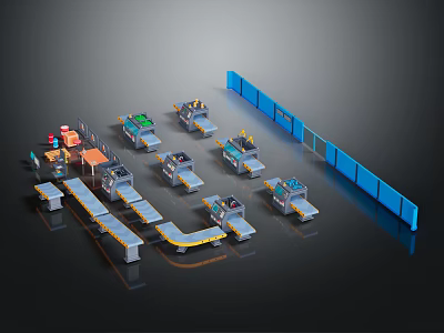 Industrial Logistics Sorting System With Conveyor Belts Automated Equipment And Blue Fences 3d model