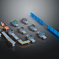 Industrial Logistics Sorting System With Conveyor Belts Automated Equipment And Blue Fences