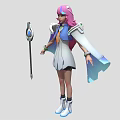Detailed Pink Haired Winged Fantasy Character In White Blue Outfit With Magic Staff