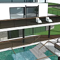 Modern Detached Villa with Large Glass Windows Swimming Pool and Waterfront Lawn