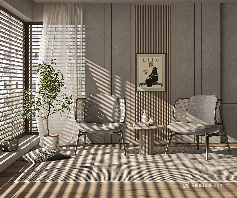Cozy Window Table And Chairs Set With Sunlight Through Blinds Potted Plant And Decorative Artwork 3d model 