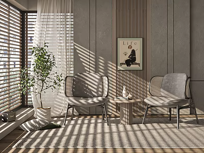 Cozy Window Table And Chairs Set With Sunlight Through Blinds Potted Plant And Decorative Artwork 3d model