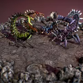 Giant Scorpion Like Creatures Confronting On Rocky Terrain With Colorful Spiked Bodies And Glowing Parts 3d model