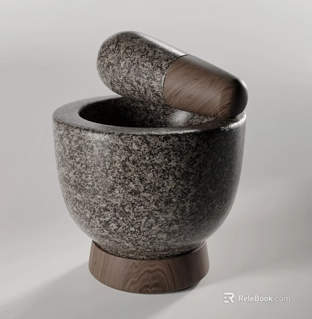 Traditional Stone Mortar And Pestle With Wooden Handle And Base Design 3d model 