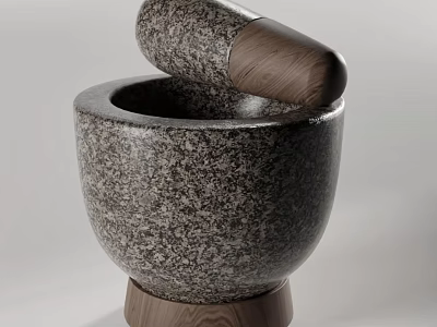 Traditional Stone Mortar And Pestle With Wooden Handle And Base Design 3d model