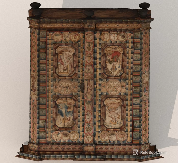Vintage Traditional Carved Cabinet With Painted Decorative Panels And Intricate Patterns 3d model 