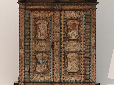 Vintage Traditional Carved Cabinet With Painted Decorative Panels And Intricate Patterns 3d model