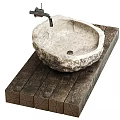 Natural Stone Wash Basin on Rustic Wooden Countertop with Metal Faucet