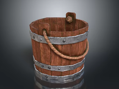 Rustic Wooden Bucket With Metal Hoops And Rope Handle Design 3d model