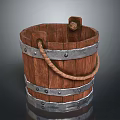 Rustic Wooden Bucket With Metal Hoops And Rope Handle Design
