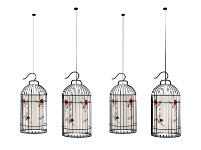 Four Birdcage Shaped Chandeliers With Red Accents For Decorative Lighting 3d model