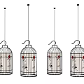 Four Birdcage Shaped Chandeliers With Red Accents For Decorative Lighting
