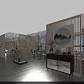 Traditional Chinese Teahouse Interior With Wooden Screens Landscape Painting And Green Plants