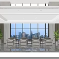 Hotel Public Lounge With Large Windows City Skyline View And Comfortable Sofas 3d model