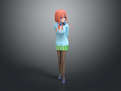 Game and Movie Character with Orange Hair Blue Top Green Skirt and Hands Behind Back 3d model