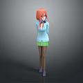 Game and Movie Character with Orange Hair Blue Top Green Skirt and Hands Behind Back