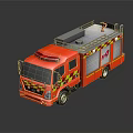 Red Fire Truck with Yellow Black Stripes Roof Ladder and 119 Logo on Reflective Surface