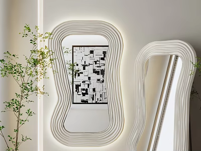 White Illuminated Mirror with Wavy Frame in Modern Interior Decoration and Green Plants 3d model