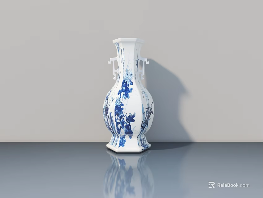 Traditional Blue And White Porcelain Vase With Floral Patterns And Double Handles 3d model 