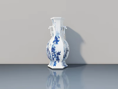 Traditional Blue And White Porcelain Vase With Floral Patterns And Double Handles 3d model
