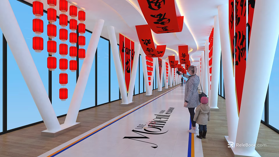 Red Lanterns and Character Banners as Hanging Decorations in Corridor with White Columns and People 3d model 