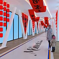 Red Lanterns and Character Banners as Hanging Decorations in Corridor with White Columns and People