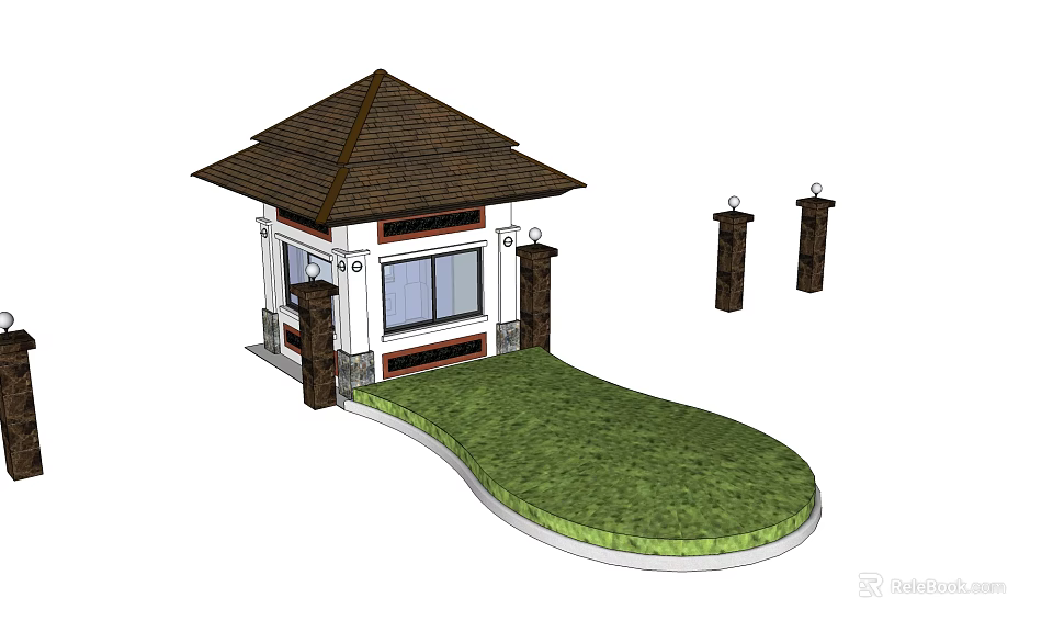Entrance Gate Design With Brown Roof Stone Pillars And Curved Lawn 3d model 