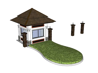 Entrance Gate Design With Brown Roof Stone Pillars And Curved Lawn 3d model