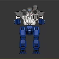 Mechanical Battle Mech Robot With Blue Legs Gray Torso And Armored Weapon Systems