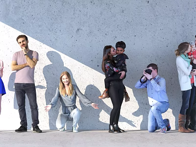 Group of People Outdoor Near Gray Wall with Shadows Interacting Taking Photos and Children 3d model