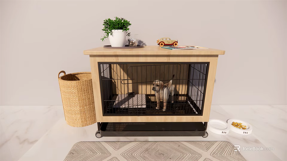 Pet Cage Decorative Ornament Combination With Potted Plant Toy Car Wicker Basket And Pet Bowl 3d model 