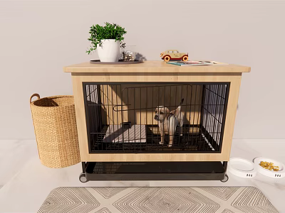 Pet Cage Decorative Ornament Combination With Potted Plant Toy Car Wicker Basket And Pet Bowl 3d model