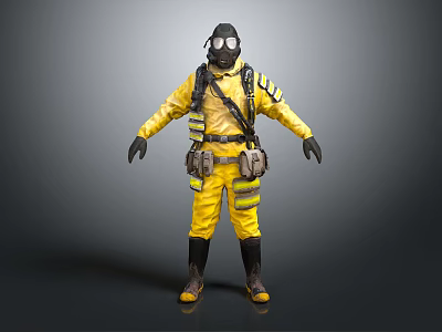 Yellow Protective Suit with Reflective Stripes Gas Mask and Utility Pouches 3d model
