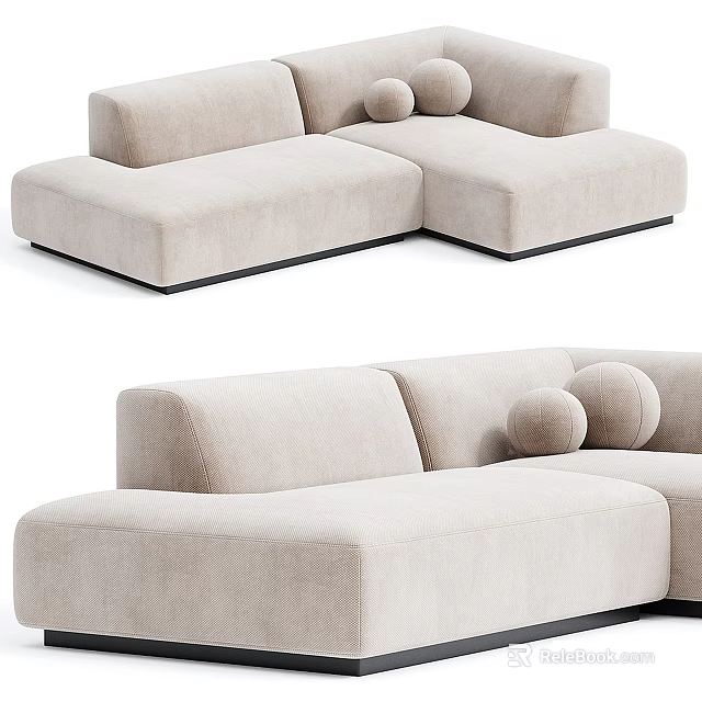 Modern Beige Fabric Sectional Sofa With Round Pillows And L shaped Design 3d model 