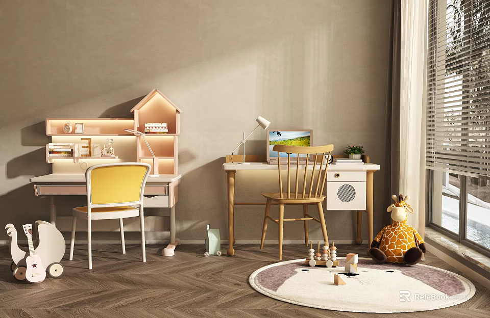 Kids Desk With House Shaped Bookshelf Yellow And Wooden Chairs Giraffe Plush Toy And Rug 3d model 