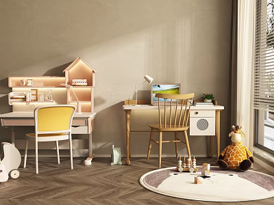 Kids Desk With House Shaped Bookshelf Yellow And Wooden Chairs Giraffe Plush Toy And Rug 3d model