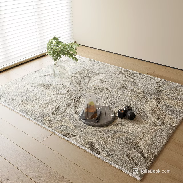 Square Rug with Floral Mosaic Pattern on Wooden Floor with Tea Tray and Green Plant 3d model 