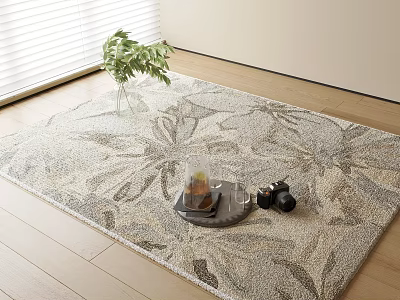 Square Rug with Floral Mosaic Pattern on Wooden Floor with Tea Tray and Green Plant 3d model