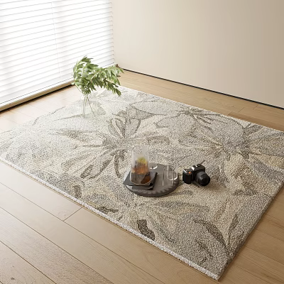 Square Rug with Floral Mosaic Pattern on Wooden Floor with Tea Tray and Green Plant 3d model
