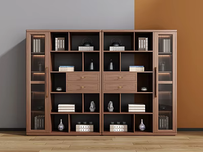 Modern Walnut Bookcase With Glass Doors Drawers And Decorative Items On Shelves 3d model