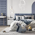 Modern Kids Room Interior With Blue Wall Study Desk Chair Bed Toys And Storage Cabinet