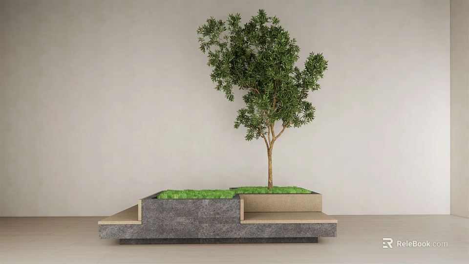 Modern Tree Pit With Stone Layered Steps And Green Grass Around Single Tree 3d model