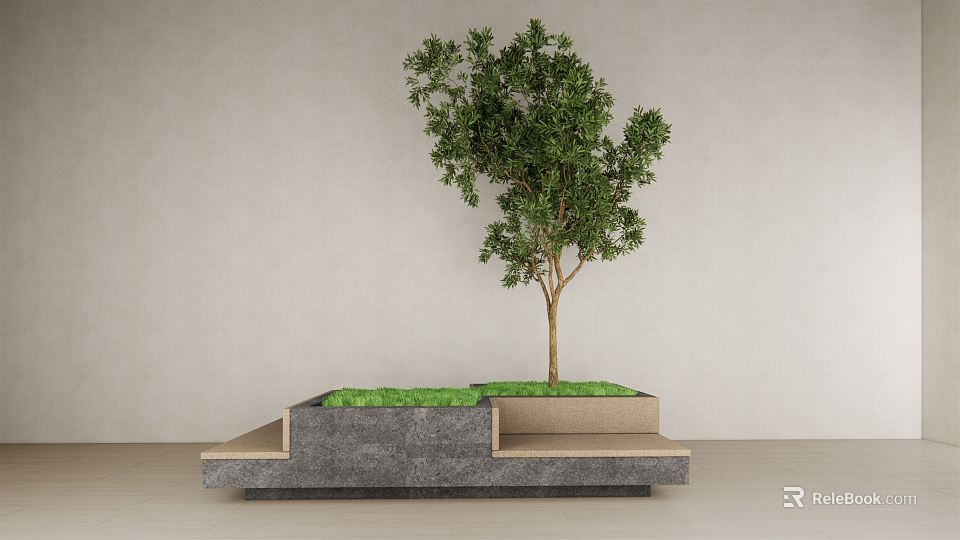 Modern Tree Pit With Stone Layered Steps And Green Grass Around Single Tree 3d model 