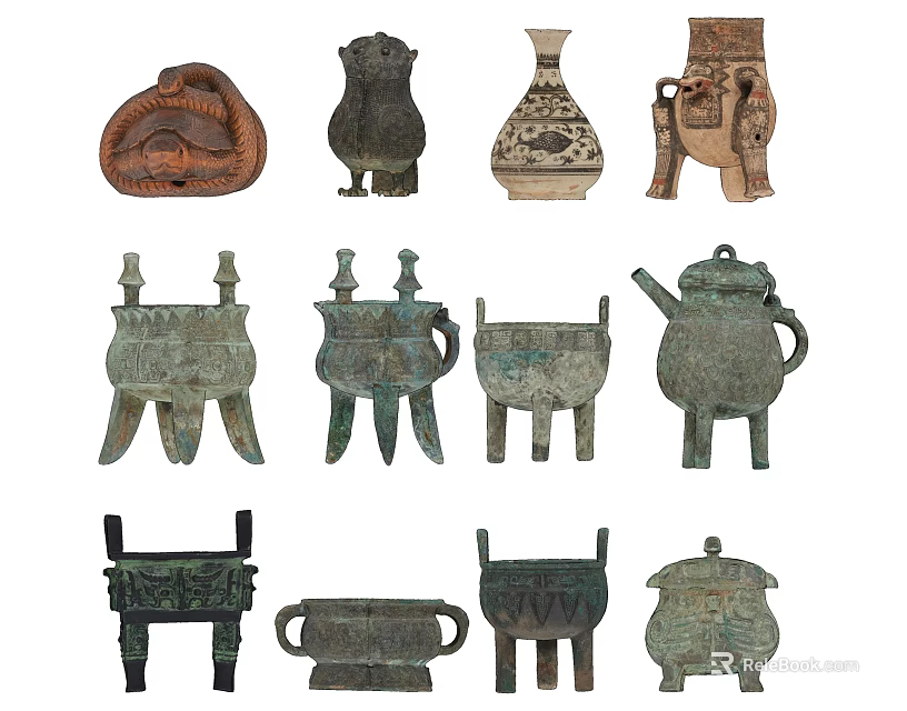 Traditional Style Decorative Ornament Set with Various Shapes Ceramic and Bronze for Home Decoration 3d model 
