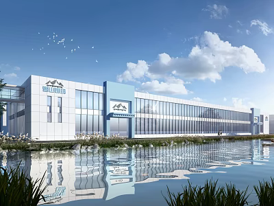 Modern Industrial Factory Building With Large Glass Windows Water Reflection And Blue Sky 3d model