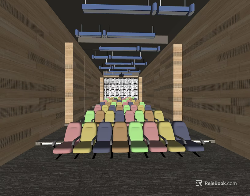 Cinema Interior With Colorful Seats Wooden Walls And Blue Ceiling Beams 3d model 