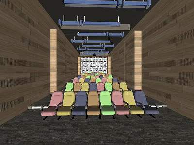 Cinema Interior With Colorful Seats Wooden Walls And Blue Ceiling Beams 3d model