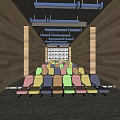 Cinema Interior With Colorful Seats Wooden Walls And Blue Ceiling Beams