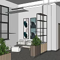 Modern Lounge Area With Large Windows Comfortable Sofa Green Plants And Wooden Partition