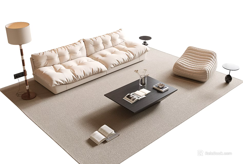 Modern White Sofa And Coffee Table Set With Textured Ottoman Floor Lamp And Light Carpet 3d model 